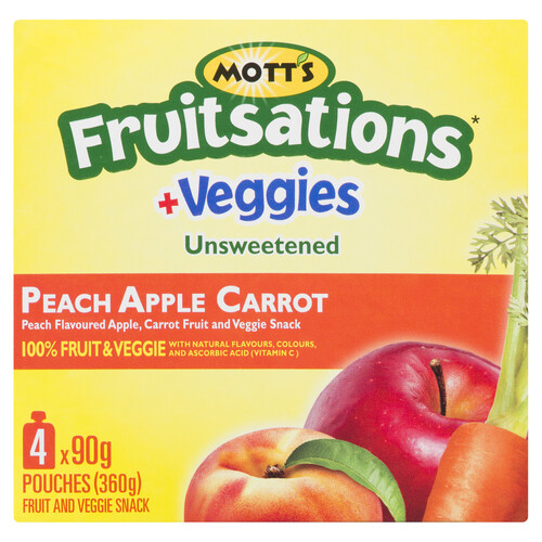 Mott's Fruitsations + Veggies Unsweetened Peach Apple Carrot Pouches 4 x 90 g