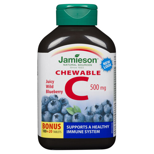 Jamieson Chewable Vitamin C 500 mg Tablets Juicy Wild Blueberry 120 Count