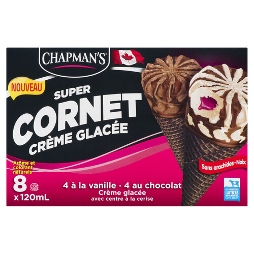 Chapman's Super Ice Cream Cones Vanilla & Chocolate Cherry Center 8 x 120 ml