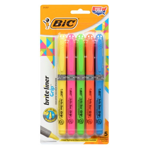 Bic Grip Brite Liner Assorted 5 Pens