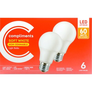 Compliments LED Light Bulbs A19 60W Soft White Non-Dimmable 6 EA