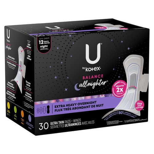 U by Kotex Balance Ultra Thin Pads Extra Heavy Overnight With Wings 30 Count