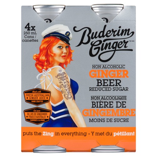 Buderim Ginger Non Alcoholic Ginger Beer Reduced Sugar 4 x 250 ml (cans)