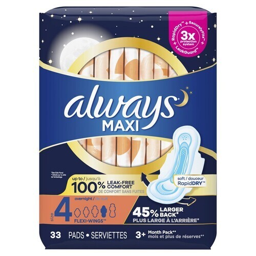 Always Maxi Feminine Hygiene Pads With Wings Overnight 33 EA