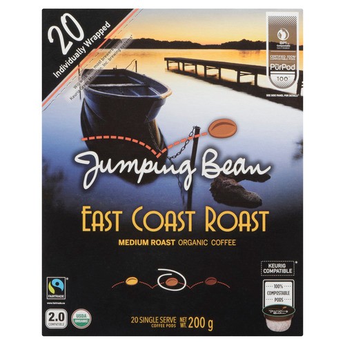 Jumping Bean Organic Coffee Pods East Coast Blend Fairtrade 100% Compostable 20 K-Cups 200 g