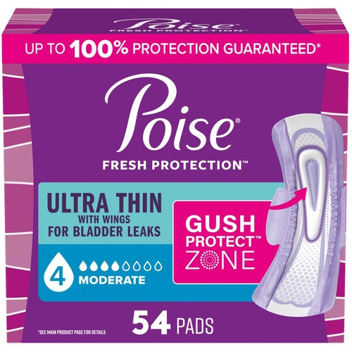 Poise Ultra Thin Pads Moderate Absorption Regular Length With Wings 54 Count