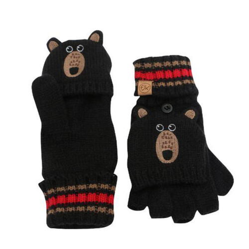 FlapJack Knitted Fingerless Gloves With Flaps Black Bear Medium 1 Pair