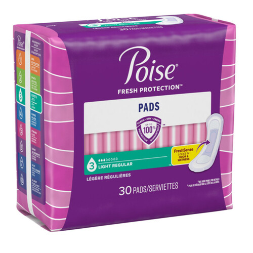 Poise Light Absorbency Pads Regular Length 30 Count