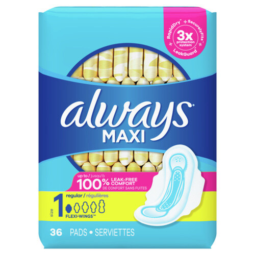 Always Maxi Pads Regular Size 1 With Wings 36 Count