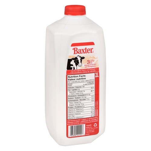 Baxter 3.25% Homogenized Milk Jug  2 L