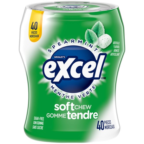 Excel Sugar Free Soft Chew Chewing Gum Spearmint Flavoured Bottle of 40 Pieces 1 EA