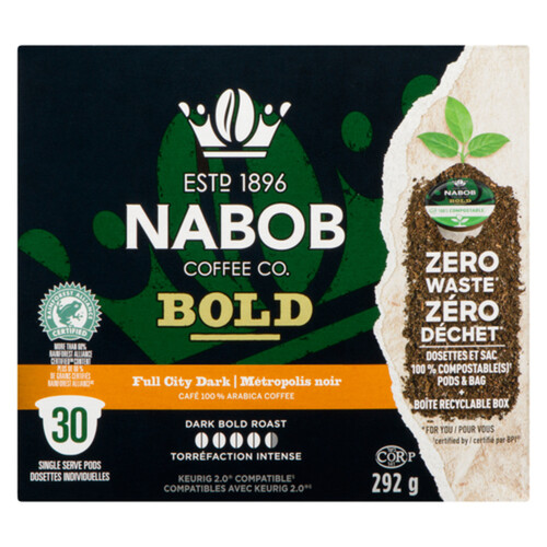 Nabob Coffee Pods 100% Compostable Bold Full City Dark 30 Pods 292 g