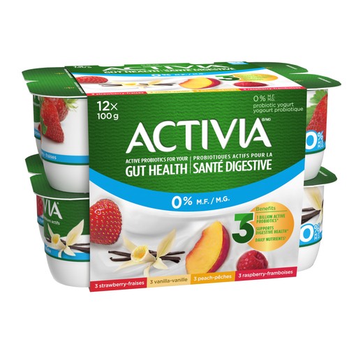 Activia Fat-Free 0% Probiotics Yogurt Vanilla Strawberry Peach Raspberry Value Size 12 x 100 g