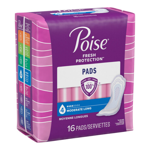 Poise Moderate Absorption Pads Long Length Without Wings 16 Count