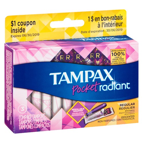 Tampax Pocket Radiant Compact Tampons Regular Unscented 3 Count