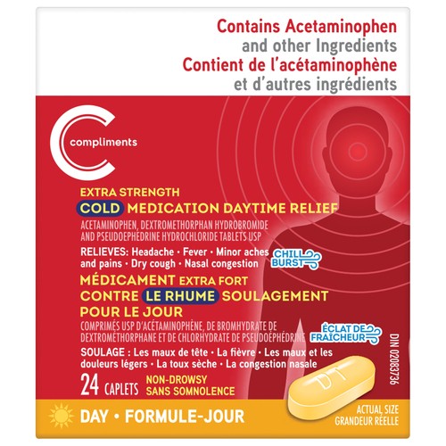 Compliments Cold Medication Daytime Relief Extra Strength Caplets 24 Count