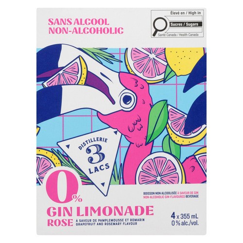 Distillerie 3 Lacs Non Alcoholic Gin Limonade Rose Grapefruit & Rosemary 4 x 355 ml (cans)