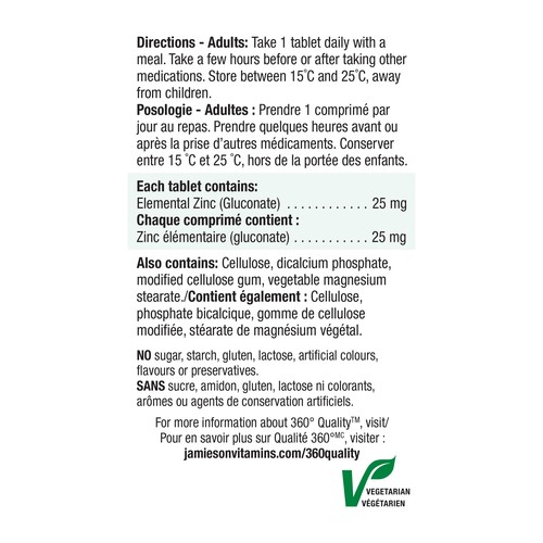 Jamieson 25 mg Zinc Tablets 100 Count