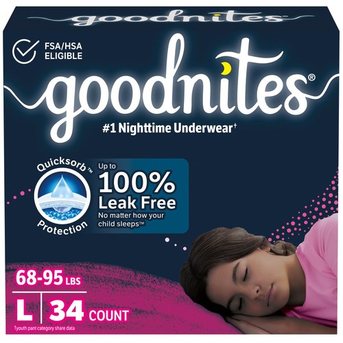 Goodnites Girls Nighttime Underwear Size L (68-95 lbs) 34 Count