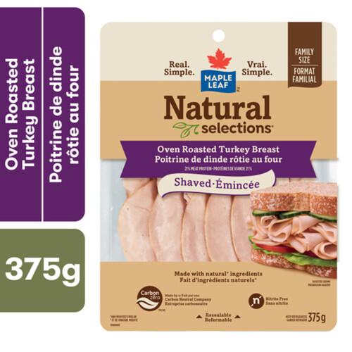 Maple Leaf Natural Selections Deli Shaved Turkey Breast Oven Roasted Family Size 375 g