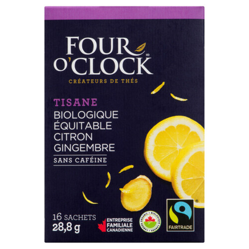 Four O'Clock Organic Caffeine Free Herbal Tea Lemon Ginger 16 Tea Bags