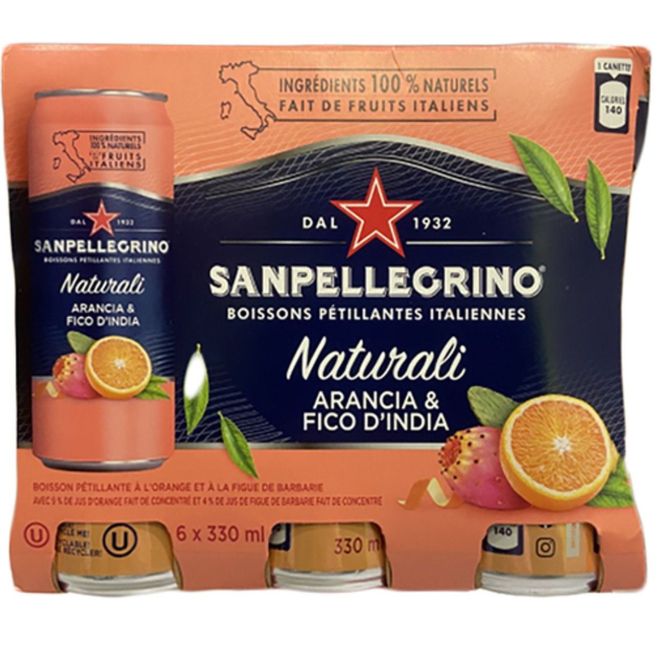 San Pellegrino Sparkling Water Orange & Prickly Pear 6 x 330 ml (cans