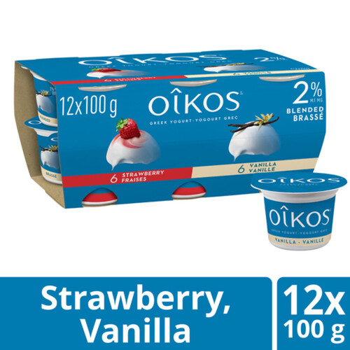 Oikos 2% Greek Yogurt Blended 6x Strawberry 6x Vanilla Value Size 12 x 100 g