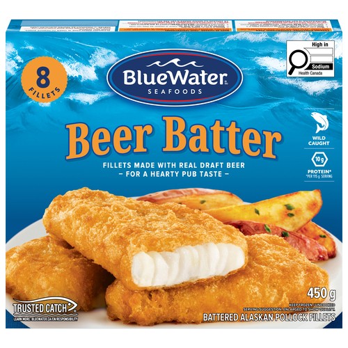 BlueWater Seafoods Frozen Alaska Pollock Fillets Beer Battered 450 g