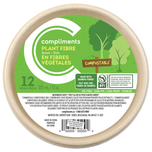 Compliments Plant Fibre Compostable Bowls 12 Pack