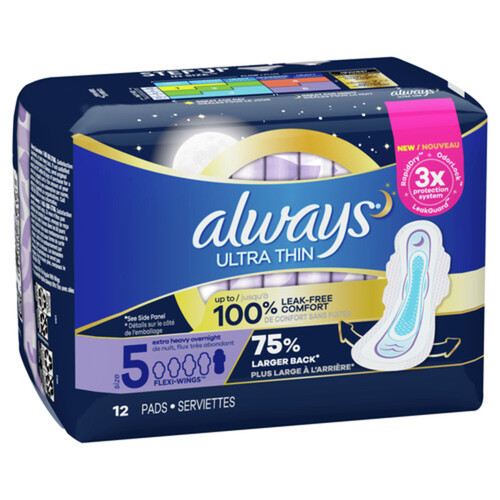 Always Ultra Thin Pads Overnight Extra Heavy Size 5 with Wings 12 Count