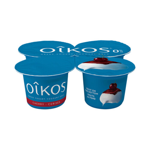 Oikos Fat Free Greek Yogurt Cherry Flavour Fruit on the Bottom 0% M.F. 4 x 100 g