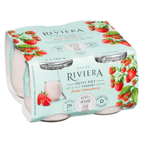 Riviera Less Sugar 3.2%  Yogurt Strawberry Set-Style 4 x 120 g