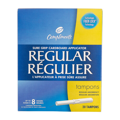 Compliments Sure Grip Cardboard Applicator Tampons Regular 20 Count