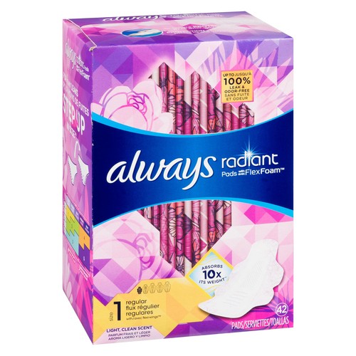Always Radiant Pads With Wing Regular 42 Count
