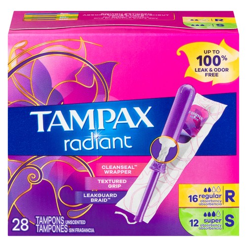Tampax Radiant Tampons Regular And Super Unscented 28 Count