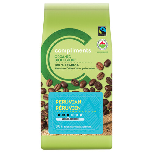 Compliments Organic Whole Bean Coffee Peruvian Blend Medium Roast 300 g