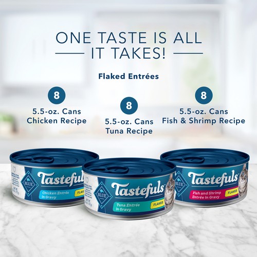 Blue Tastefuls Adult Wet Cat Food Flaked Tuna Chicken and Fish/Shrimp in Gravy 12 x 155 g