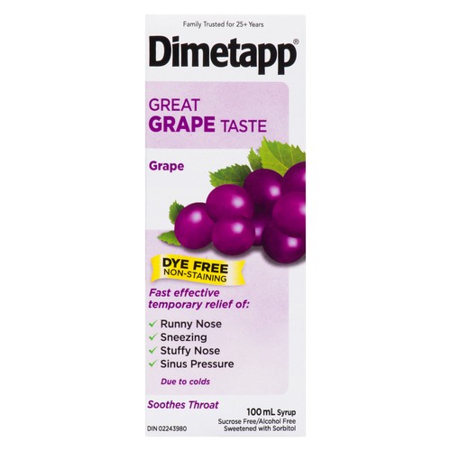 Dimetapp Dye Free Cough & Cold Syrup Grape 100 ml