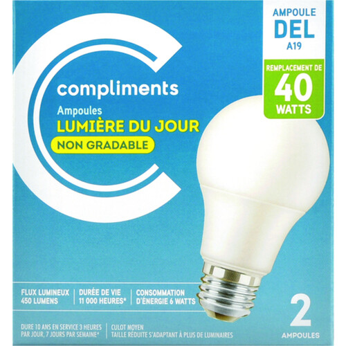 Compliments LED Light Bulbs A19 40W Daylight Non-Dimmable 2 EA