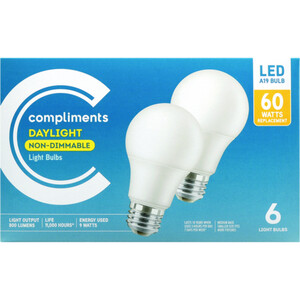 Compliments LED Light Bulbs A19 60W Daylight Non Dimmable 6 EA