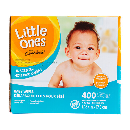 Compliments Little Ones Baby Wipes Unscented Club Pack 4 x 100 Count