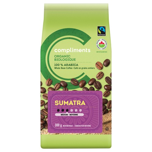 Compliments Organic Whole Bean Coffee Arabica Sumatra Medium Roast 300 g