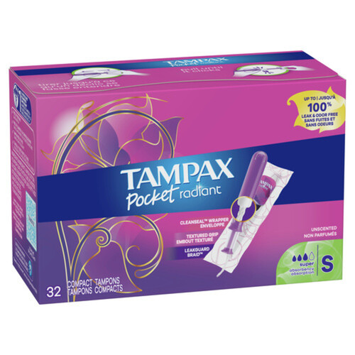 Tampax Pocket Radiant Tampons Super Unscented 32 Count