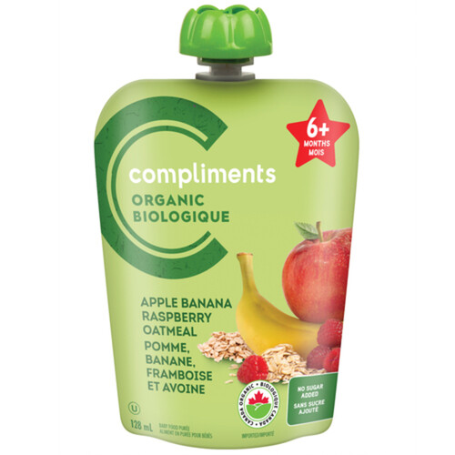 Compliments Organic Baby Food Purée Apple, Banana, Raspberry & Oatmeal 128 ml