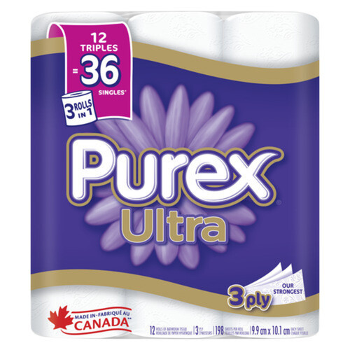 Purex Toilet paper Ultra 3 Ply 12 Triple Rolls x 198 Sheets
