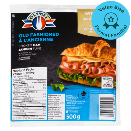 Olymel Gluten-Free Smoked Ham Shaved Old Fashioned Value Size 500 g