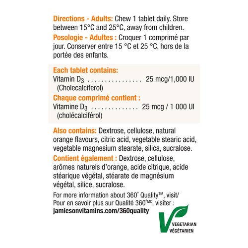 Jamieson Vitamin D3 Supplements Chewable Tablets Natural Orange 100 Count
