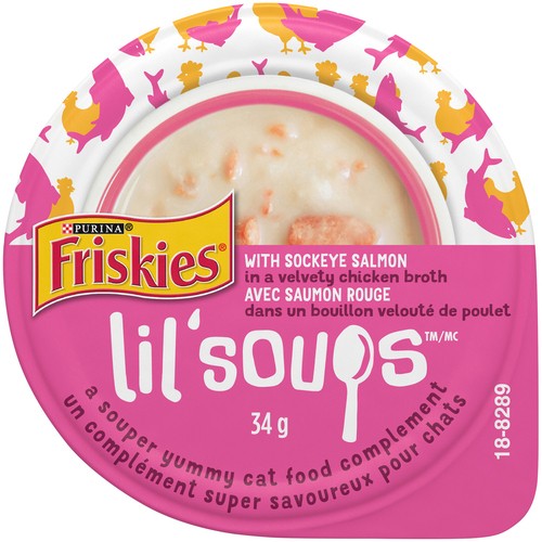Friskies Lil' Soups Cat Food In Velvety Chicken Broth Sockeye Salmon 34 g