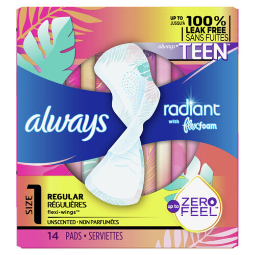Always Radiant Teen Pads Regular Size 1 Flexi Wings Unscented 14 Count