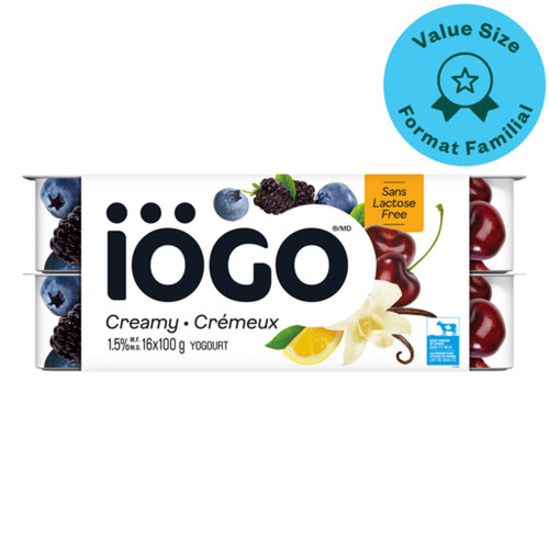 iÖGO Lactose-Free 1.5% Creamy Yogurt Cherry Lemon Vanilla Blackberry-Blueberry 16 x 100 g